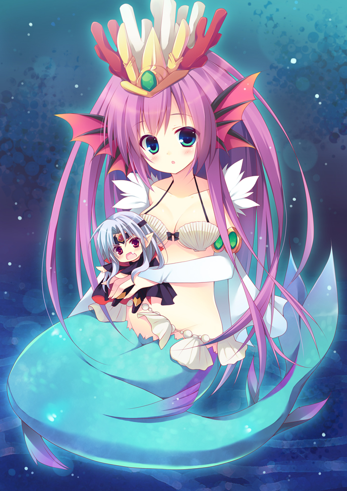 1boy, 1girl, bikini, blue_eyes, fins, head_fins, headdress, izumi_yuhina, long_hair, looking_at_viewer, mermaid, mini_person, miniboy, monster_girl, navel, open_mouth, pointy_ears, purple_hair, puzzle_&amp;_dragons, red_eyes, shell, shell_bikini, silver_hair, siren_(p&amp;d), tail, vampire_(p&amp;d), vampire_lord_(p&amp;d)