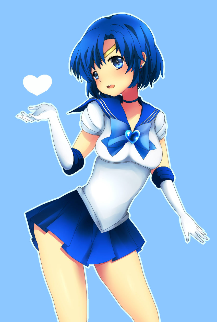 1990s_(style), 1girl, akabuchi_megane, bad_id, bad_pixiv_id, bishoujo_senshi_sailor_moon, blue_background, blue_eyes, blue_hair, blue_sailor_collar, blue_skirt, breasts, brooch, choker, dress, earrings, elbow_gloves, female_focus, gloves, heart, heart_brooch, highres, jewelry, magical_girl, matching_hair/eyes, medium_breasts, mizuno_ami, retro_artstyle, sailor_collar, sailor_mercury, sailor_senshi, short_hair, skirt, solo, tiara, white_gloves