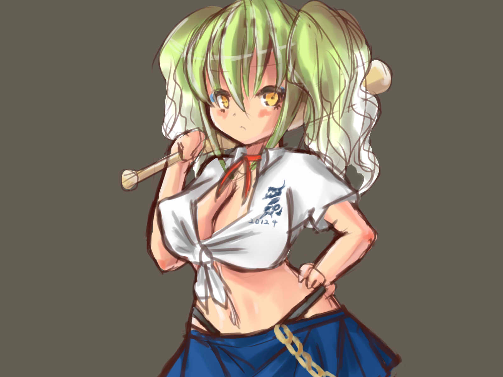 1girl, baseball_bat, black_panties, breasts, chain, cleavage, curvy, eyeshadow