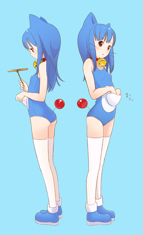 1girl, animal_ears, ankle_boots, aqua_background, ass, back-to-back, bamboo_copter, bell, blue_hair, boots, brown_eyes, cat_ears, collar, covered_erect_nipples, doraemon, doraemon_(character), dual_persona, flat_chest, full_body, genderswap, genderswap_(mtf), hands_in_pocket, holding, kokudou_juunigou, long_hair, looking_down, multiple_views, neck_bell, one-piece_swimsuit, open_mouth, personification, pocket, simple_background, swimsuit, tail, takecopter, thighhighs, whiskers, white_thighhighs