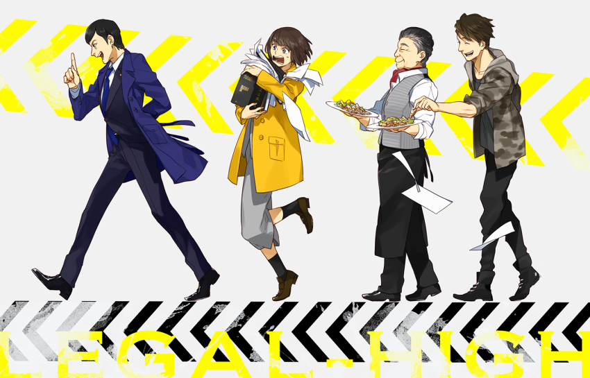 1girl, 3boys, black_hair, book, brown_hair, coat, food, formal_clothes