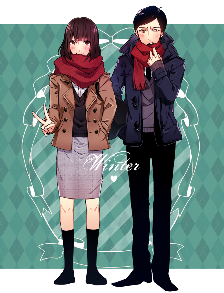 1boy, 1girl, black_hair, blush, jacket, kneehighs, komikado_kensuke, legal_high