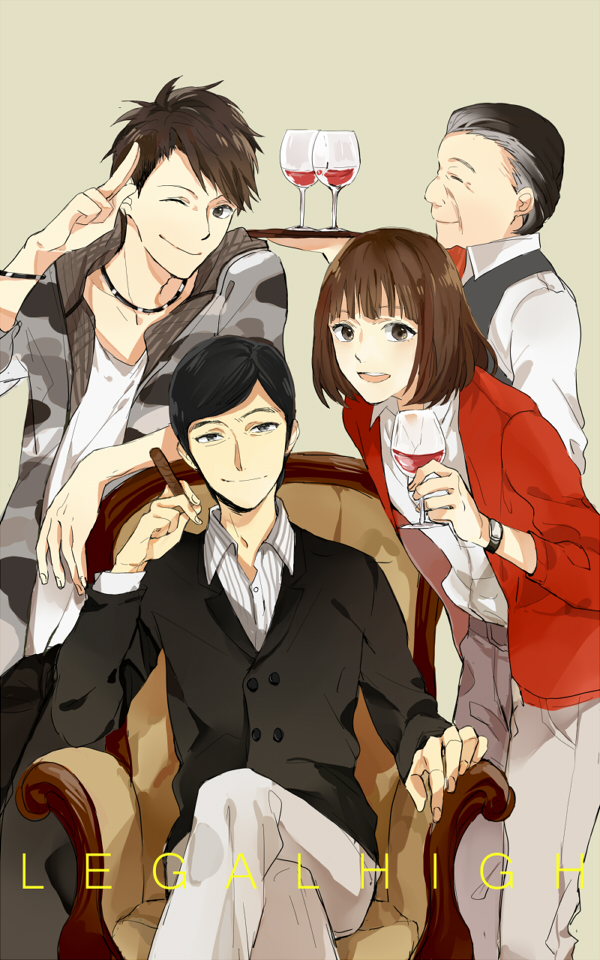 1girl, 3boys, alcohol, black_hair, brown_eyes, brown_hair, cigar, couch