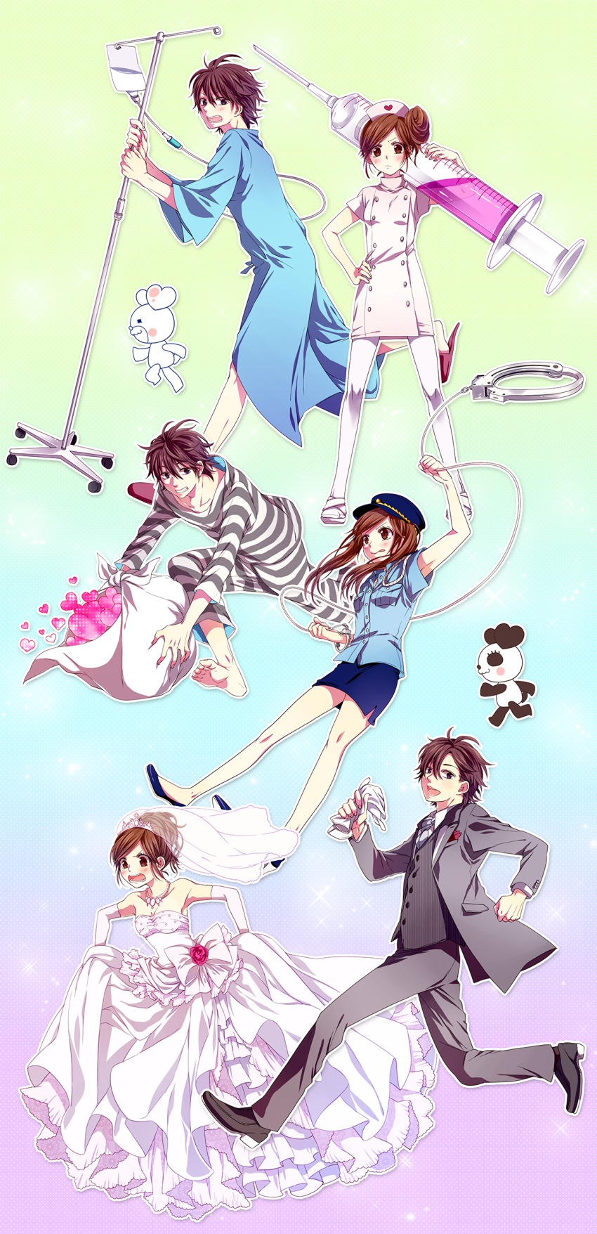 1boy, 1girl, absurdres, bare_shoulders, blue_footwear, bridal_veil, bride, brown_hair