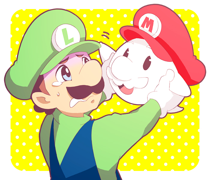 2boys, black_eyes, blouse, blue_eyes, blue_overalls, boo_mario, border, brothers