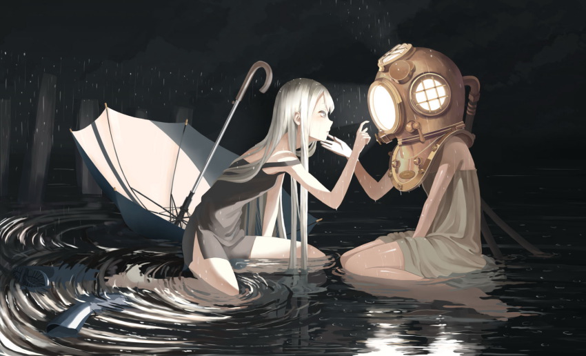 2girls, barefoot, dress, grey_eyes, grey_umbrella, helmet, highres, long_hair