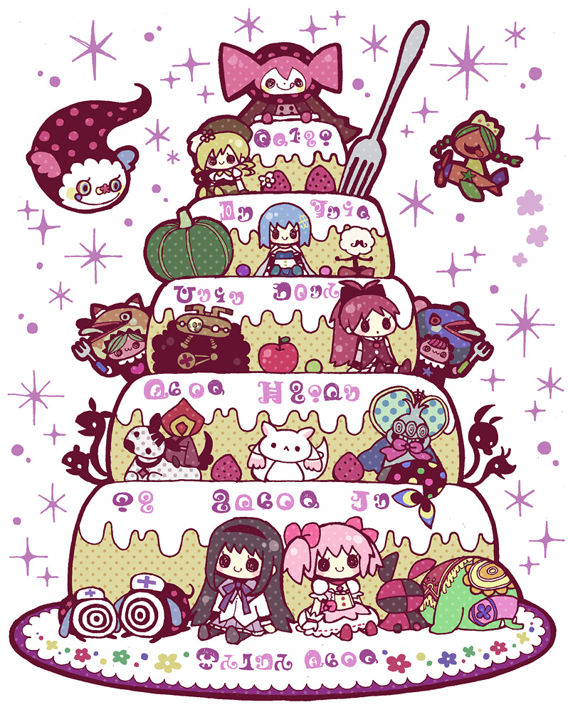 10s, akemi_homura, akemi_homura_(magical_girl), anja_(madoka_magica), anthony_(madoka_magica), apple, cake, character_doll