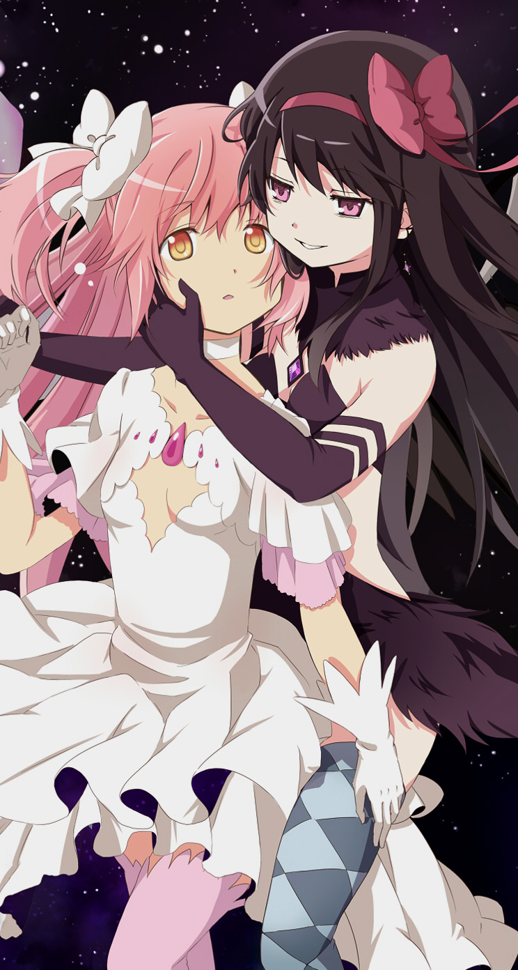 10s, 2girls, akemi_homura, akuma_homura, argyle_clothes, argyle_legwear, bad_id, bad_pixiv_id