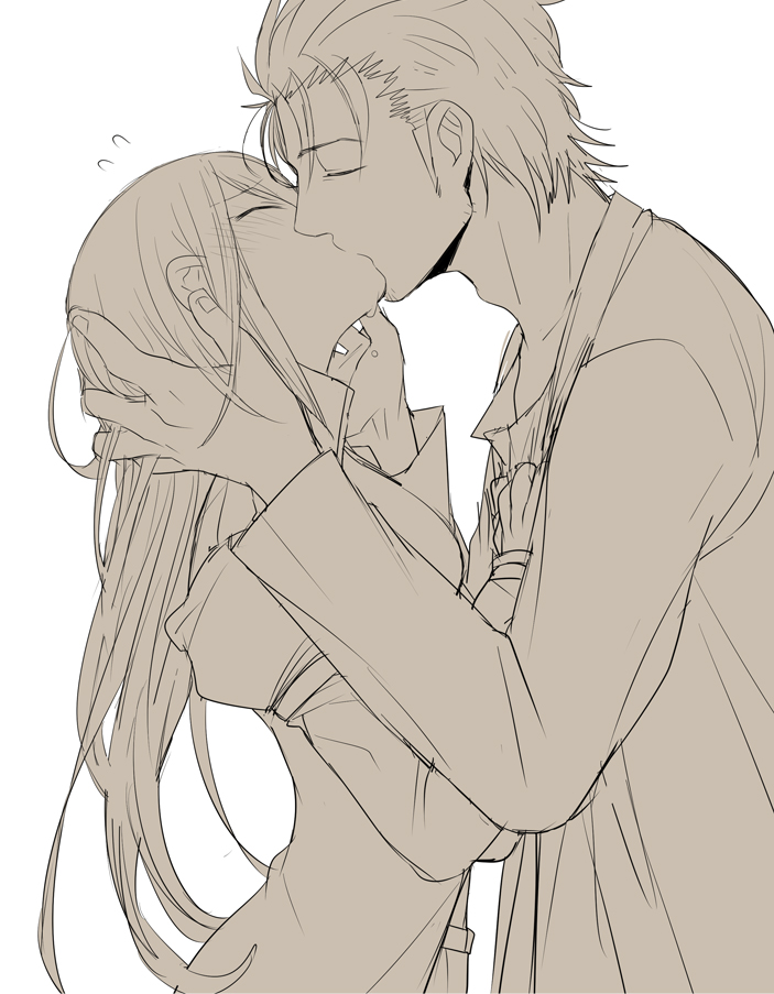 1boy, 1girl, blush, couple, facial_hair, hand_on_another's_head, hetero, jacket, kiss, kzouzou, lab_coat, long_hair, makise_kurisu, monochrome, okabe_rintarou, science_adventure, steins;gate, stubble