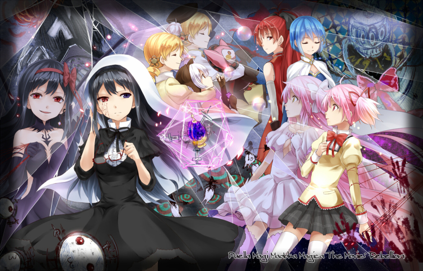 10s, 6+girls, akemi_homura, akemi_homura_(black_dress), akuma_homura, back-to-back, bad_id, bad_pixiv_id, bow, charlotte_(madoka_magica), copyright_name, dress, dual_persona, fortissimo, funeral_dress, glasses, hair_bow, hair_ornament, hair_ribbon, handprint, homulilly, kaname_madoka, kyubey, luiselotte_(madoka_magica), mahou_shoujo_madoka_magica, mahou_shoujo_madoka_magica:_hangyaku_no_monogatari, michi_(hanako5200), michimaru_(michi), miki_sayaka, miki_sayaka_(magical_girl), momoe_nagisa, momoe_nagisa_(magical_girl), multiple_girls, musical_note, musical_note_hair_ornament, oktavia_von_seckendorff, red_eyes, ribbon, sakura_kyoko, sakura_kyoko_(magical_girl), soul_gem, spoilers, tomoe_mami, tomoe_mami_(magical_girl), ultimate_madoka