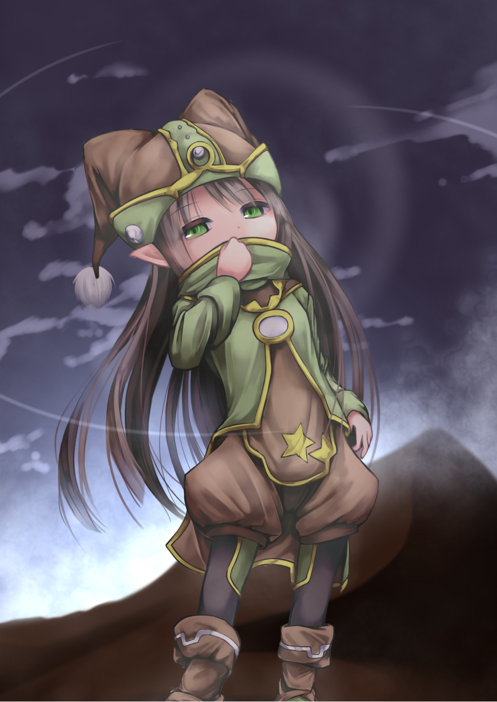 1girl, bad_id, bad_pixiv_id, boots, brown_hair, cloud, desert, female_focus