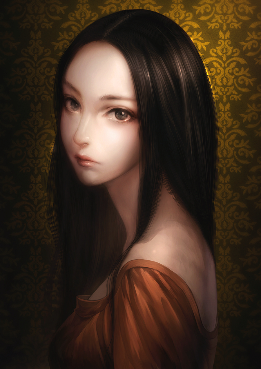 1girl, brown_eyes, brown_hair, female_focus, forehead, highres, lips, long_hair, nose, original, portrait, realistic, solo, stf_amagihana