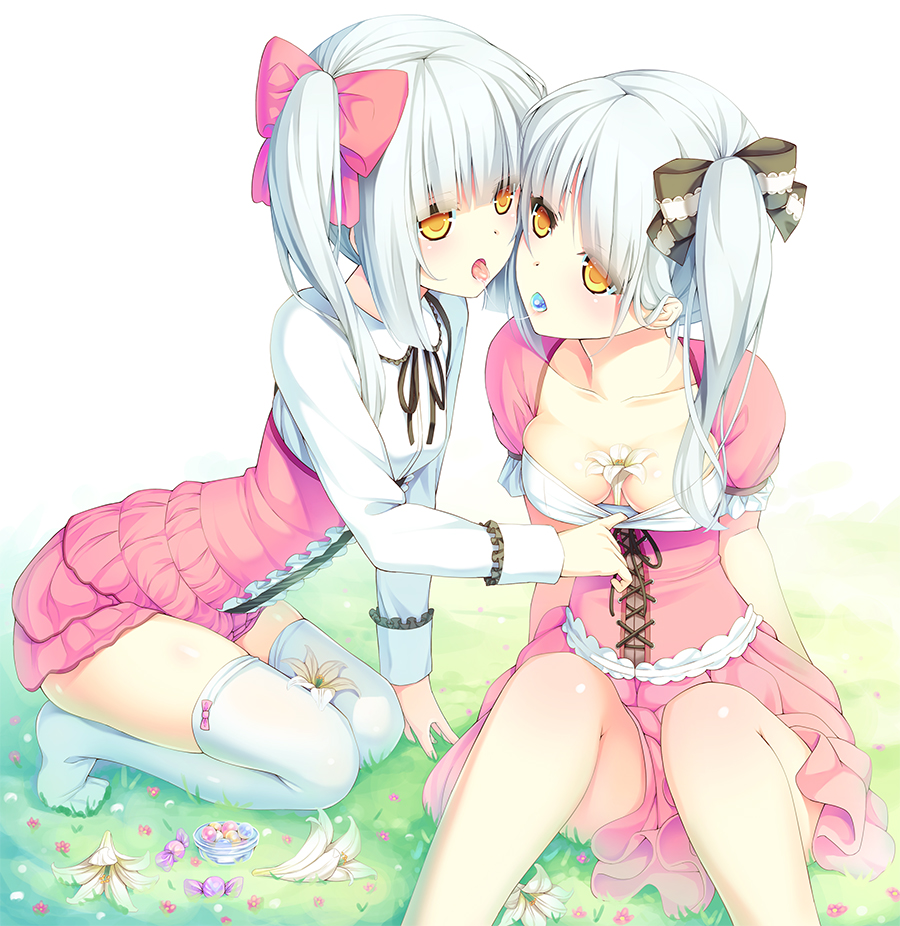 2girls, between_breasts, blush, breasts, cross-laced_clothes, flower, grass, hair_ribbon