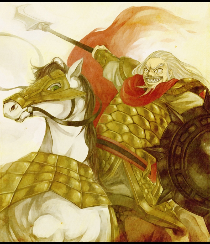 1boy, armor, beard, cape, duke_hyou, facial_hair, glaive_(polearm), horse, horseback_riding, kingdom_(series), long_hair, manly, miika, mustache, polearm, riding, sharp_teeth, shield, teeth, weapon, white_hair