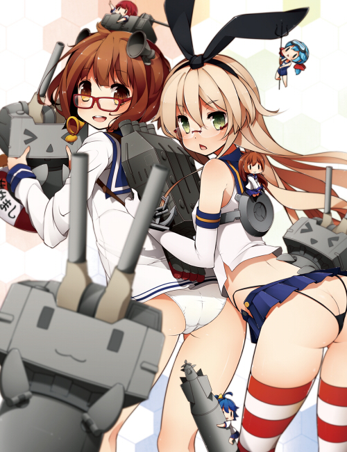 10cm_twin_high-angle_gun_mount, 10cm_twin_high-angle_mount, 10s, 12.7cm_twin_gun_mount, 2girls, 61cm_quadruple_(oxygen)_torpedo_mount, 61cm_quadruple_torpedo_mount, :d, anchor, ass, bad_id, bad_pixiv_id, bespectacled, black_panties, blonde_hair, blush, brown_eyes, brown_hair, butt_crack, chestnut_mouth, dress, elbow_gloves, fairy_(kancolle), glasses, gloves, green_eyes, hair_ornament, hairband, highleg, highleg_panties, kantai_collection, kinakomoti, lifebuoy, long_hair, looking_at_viewer, multiple_girls, open_mouth, panties, rensouhou-chan, sailor_dress, school_uniform, serafuku, shimakaze_(kancolle), short_hair, skirt, smile, striped_clothes, striped_legwear, striped_thighhighs, swim_ring, thighhighs, torpedo, underwear, white_gloves, white_panties, yukikaze_(kancolle)