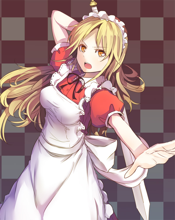1girl, apron, blonde_hair, checkered_background, culter, dress, female_focus, grid_background