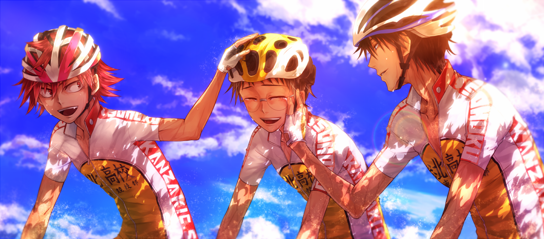 3boys, bicycle_helmet, black_hair, dappled_sunlight, closed_eyes, fingerless_gloves, glasses, gloves