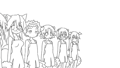 6+girls, animal_ears, animated, animated_gif, buffalo_(trickster), bunny_(trickster), cat_(trickster), cat_ears, cat_tail, cheerleader, cosplay, crossdressing, crossdressing_(ftm), dragon_(trickster), fox_(trickster), fox_ears, fox_tail, glasses, greyscale, hiiragi_kagami, hiiragi_tsukasa, izumi_konata, lineart, lion_(trickster), long_hair, lowres, lucky_star, monochrome, motteke!_serafuku, multiple_girls, parody, pom_pom_(cheerleading), rabbit_ears, raccoon_(trickster), sheep_(trickster), short_hair, siblings, sisters, skirt, tail, takara_miyuki, trickster_(ntreev_soft), twins