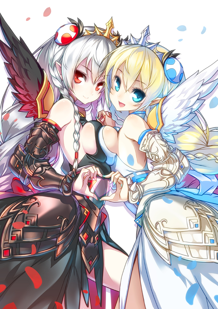 2girls, four-finger_heart_hands, armor, black_valkyrie_(p&amp;d), black_wings, blonde_hair, blue_eyes, blue_valkyrie_(p&amp;d), blush, breast_press, breasts, dark_valkyrie_(p&amp;d), faulds, hair_ornament, heart, heart_hands, heart_hands_duo, hong_(white_spider), interlocked_fingers, long_hair, looking_at_viewer, multiple_girls, open_mouth, puzzle_&amp;_dragons, red_eyes, silver_hair, smile, symmetrical_docking, tiara, valkyrie, valkyrie_(p&amp;d), vambraces, very_long_hair, water_valkyrie_(p&amp;d), white_wings, wings