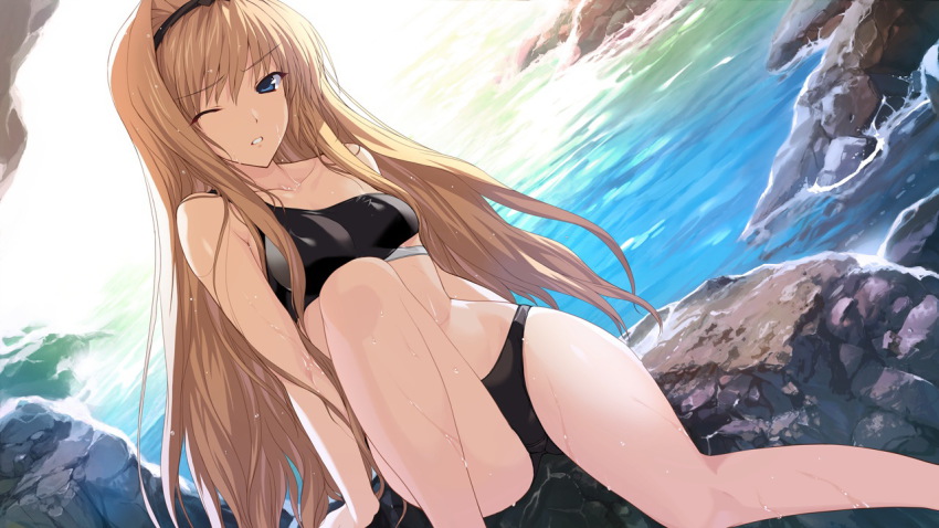 1girl, barefoot, bikini, blonde_hair, blue_eyes, breasts, female_focus, game_cg, long_hair, ocean, one_eye_closed, onigirikun, pastel_chime, pastel_chime_3, shirley_corvette, solo, swimsuit, very_long_hair, water, wet, wink