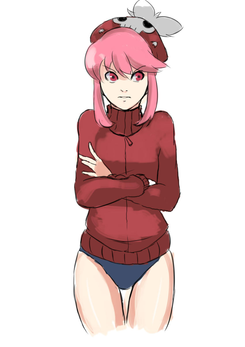 10s, 1girl, absurdres, alternate_costume, alternate_headwear, bad_deviantart_id, bad_id, bare_legs, beret, buruma, cowboy_shot, cropped_legs, crossed_arms, female_focus, hat, highres, jacket, jakuzure_nonon, kill_la_kill, pink_hair, red_eyes, red_seiryu, shiny_skin, short_hair, sidelocks, simple_background, solo, thigh_gap, track_jacket, underwear, white_background, wide_hips