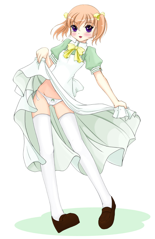 1girl, black_shoes, blush, bow, brown_hair, clothes_lift, cosplay, dress, dress_lift, female_focus, hair_bow, haruno_kotori, haruno_kotori_(cosplay), hatsukoi, hatsushima_anzu, isaji_(issa-g), kita_e, lifting_own_clothes, loafers, long_dress, maid, necktie, panties, puffy_short_sleeves, puffy_sleeves, purple_eyes, ribbon, shoes, short_sleeves, short_twintails, side-tie_panties, simple_background, skirt, skirt_lift, solo, standing, thighhighs, twintails, underwear, upskirt, white_background, white_thighhighs