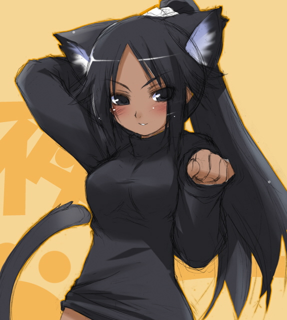 00s, 1girl, animal_ears, black_hair, bleach, blush, breasts, cat_ears