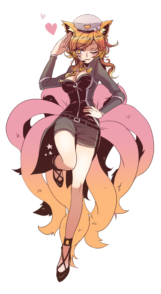 1girl, :3, ahri_(league_of_legends), alternate_color, alternate_costume, alternate_hair_color, animal_ears, belt, blonde_hair, blush, bow, breasts, cleavage, cosplay, cross-laced_footwear, female_focus, fox_ears, fox_tail, full_body, girls'_generation, hand_on_own_hip, hat, hat_bow, headset, heart, heart_necklace, high_heels, idol, jacket, jewelry, league_of_legends, leg_up, light_smile, long_hair, looking_down, microphone, multiple_tails, nail_polish, necklace, one_eye_closed, open_clothes, open_jacket, peaked_cap, pink_nails, popstar_ahri, ribbon, salute, shimatta, shoes, short_shorts, shorts, simple_background, smile, solo, star_(symbol), swept_bangs, tail, wavy_hair, white_background, wink, yellow_eyes, zipper