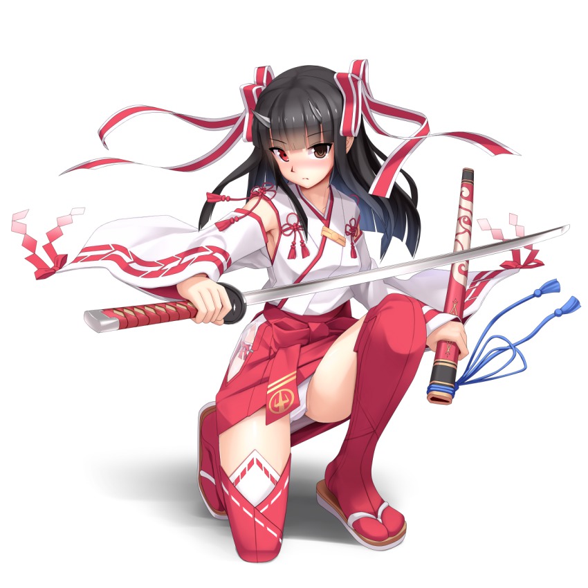 1girl, bare_shoulders, black_hair, brown_eyes, detached_sleeves, eto, female_focus, hair_ribbon, heterochromia, highres, kanagi_maihime, kneeling, md5_mismatch, on_one_knee, panties, pantyshot, phantasy_star, phantasy_star_online, phantasy_star_online_2, red_eyes, resolution_mismatch, ribbon, scabbard, sheath, solo, source_smaller, squatting, sword, tassel, thighhighs, twintails, underwear, unsheathed, upskirt, weapon