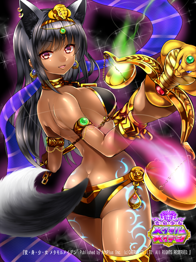 1girl, animal_ears, armband, armor, ass, bad_id, bad_pixiv_id, bikini, bikini_armor, black_hair, choker, circlet, dark-skinned_female, dark_skin, earrings, female_focus, fox_ears, fox_tail, hen-shin-shou-jo_metamol_maiden, jewelry, long_hair, lots_of_jewelry, official_art, red_eyes, runes, scepter, solo, swimsuit, tail, thighhighs, tsukiriran