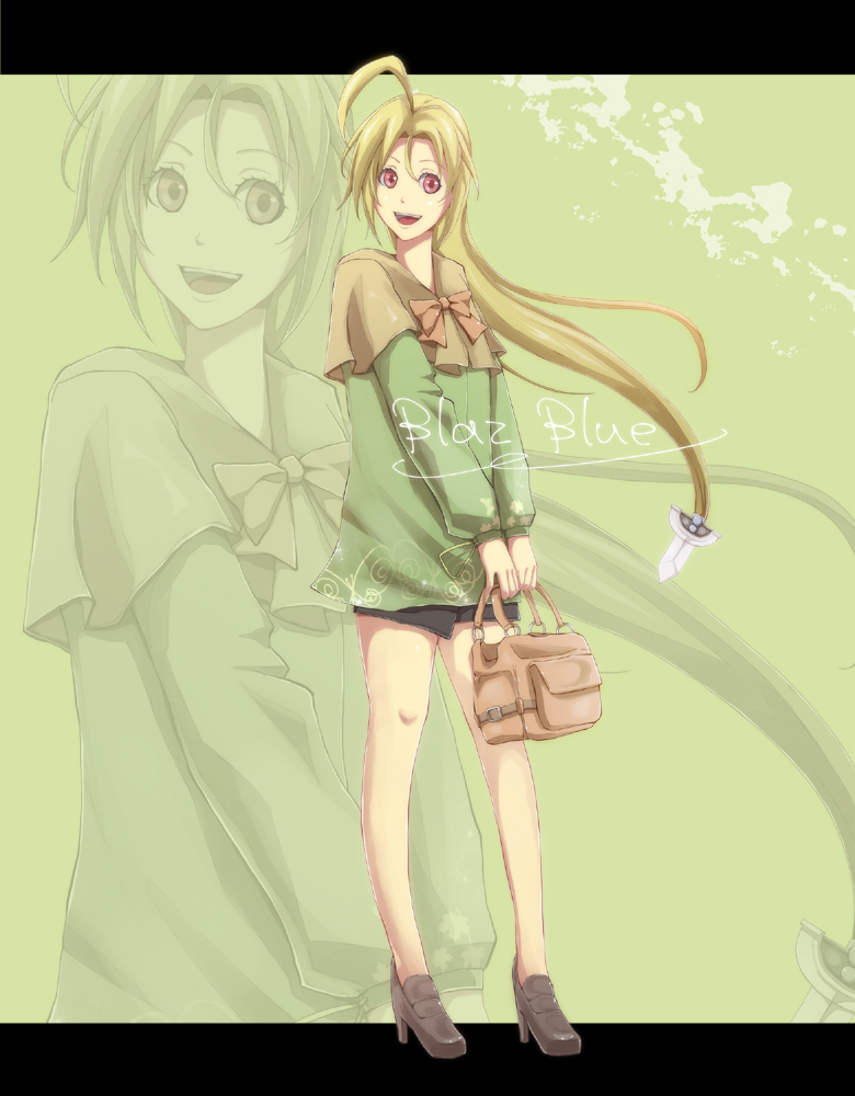 1girl, ahoge, alternate_costume, alternate_hairstyle, bag, blazblue, blonde_hair, handbag