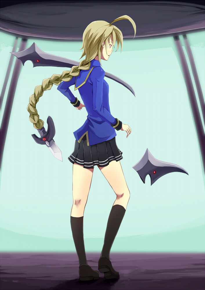 1girl, ahoge, alternate_costume, blazblue, blonde_hair, floating_sword, lambda-11, mal_(mal7)