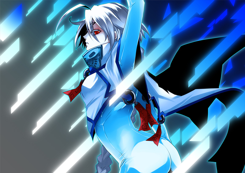 1girl, ahoge, ass, blazblue, bodysuit, cape, eyepatch, fu_yukari