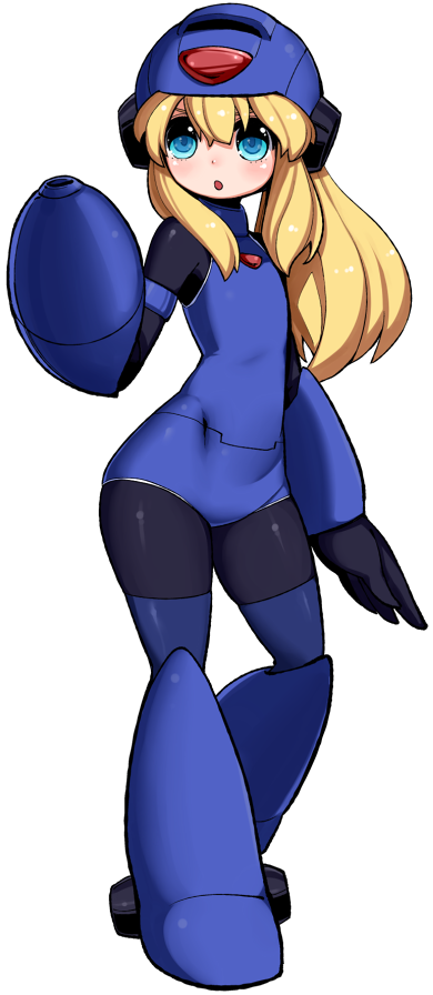 arm_cannon, blonde_hair, blue_eyes, bodysuit, boots, helmet, hip_focus, latex