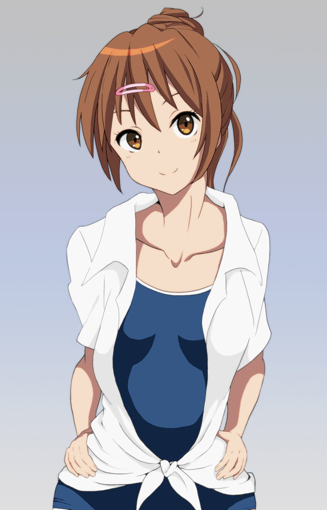 10s, 1girl, bad_id, bad_pixiv_id, brown_eyes, brown_hair, chuunibyou_demo_koi_ga_shitai!, competition_school_swimsuit, dress_shirt, female_focus, hair_bun, hair_ornament, hairclip, hands_on_own_hips, kaiman, long_hair, looking_at_viewer, nibutani_shinka, one-piece_swimsuit, school_swimsuit, shirt, simple_background, single_hair_bun, smile, solo, swimsuit, swimsuit_under_clothes, tied_shirt