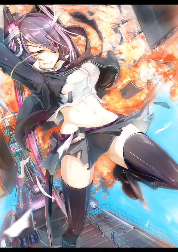 10s, 1girl, :p, black_thighhighs, breasts, eyepatch, female_focus, gloves