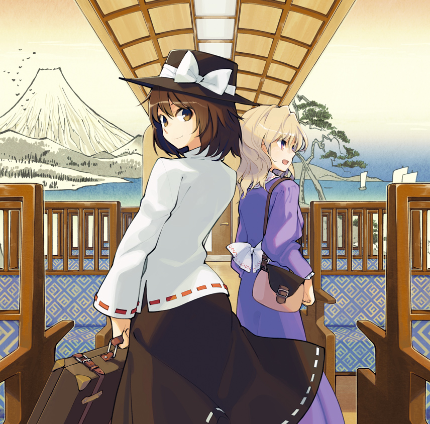 2girls, bag, blonde_hair, blouse, brown_eyes, brown_hair, drawing, dress