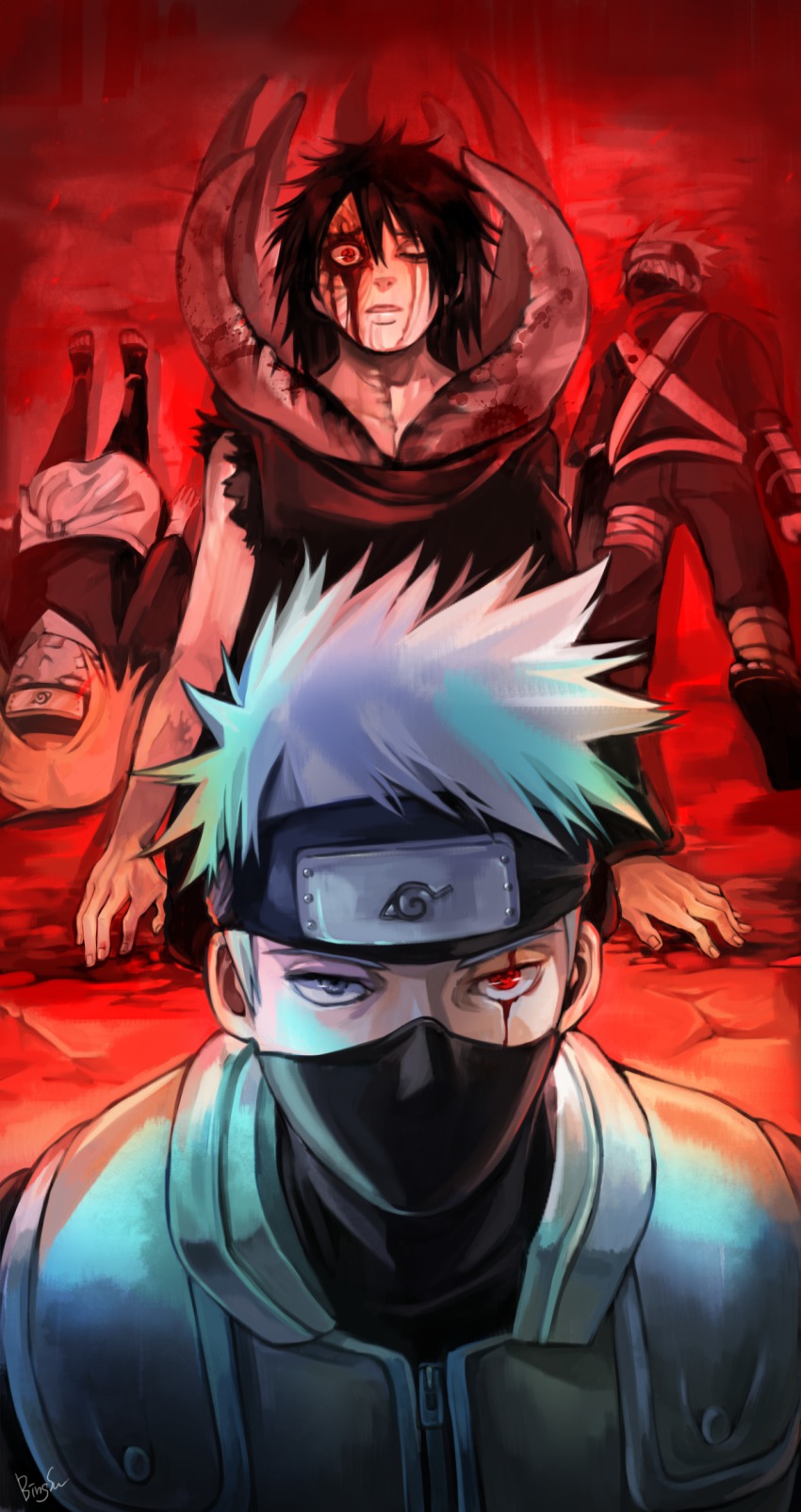 1girl, 2boys, artist_name, black_hair, blonde_hair, blood, blood_on_face, blue_eyes, dark, forehead_protector, half_mask, hatake_kakashi, heterochromia, highres, lying, mask, multiple_boys, naruto_(classic), naruto_(series), naruto_shippuuden, nohara_rin, red_eyes, sharingan, short_hair, sora_(artist), spoilers, uchiha_obito, vest, zipper