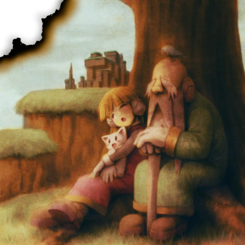 1boy, 1girl, alouette_(mega_man), andrew_(mega_man), animal, animal_on_head, bald, beard, bird, bird_on_head, burn_mark, cane, cat, facial_hair, mega_man_(series), mega_man_zero_(series), old, old_man, on_head, robot_ears, sleeping, sleeping_upright, sokobe_hiyori, thick_eyebrows