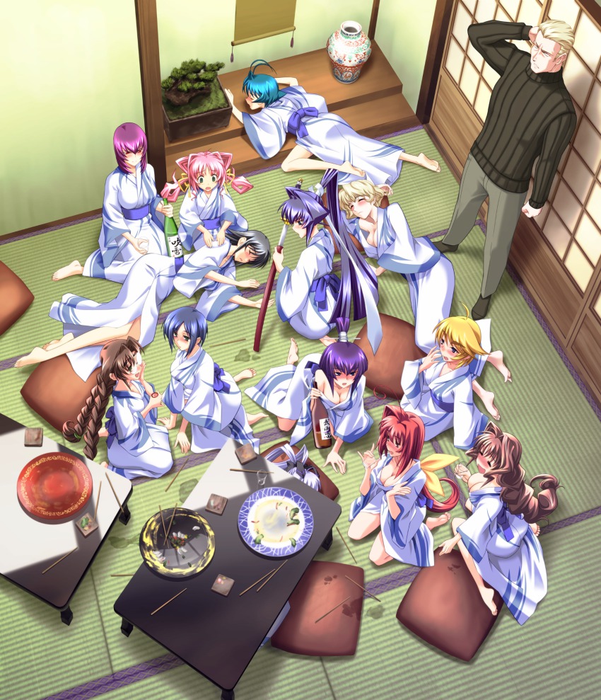 1boy, 6+girls, :d, =_=, ahoge, alcohol, alfred_walken, antenna_hair, ayamine_kei, barefoot, blush, bonsai, bottle, bou_(inubou), braid, breasts, chopsticks, cleavage, closed_eyes, cup, drunk, elena_piatif, everyone, feet, from_above, game_cg, glass, glasses, hanging_scroll, highres, irma_thesleff, japanese_clothes, jinguuji_marimo, kagami_sumika, kashiwagi_haruko, katana, kimono, koubuin_yuuhi, kouzuki_yuuko, large_breasts, long_hair, lying, medium_breasts, mitsurugi_meiya, multiple_girls, muv-luv, muv-luv_altered_fable, off_shoulder, on_side, open_mouth, party, pillow, plate, ponytail, sakaki_chizuru, sakazuki, sake, sake_bottle, scroll, short_hair, siblings, sisters, sitting, sleeping, smile, soles, sword, table, tamase_miki, tatami, tokonoma, twin_braids, twins, under_table, vase, wariza, weapon, yashiro_kasumi, yoroi_mikoto, yukata