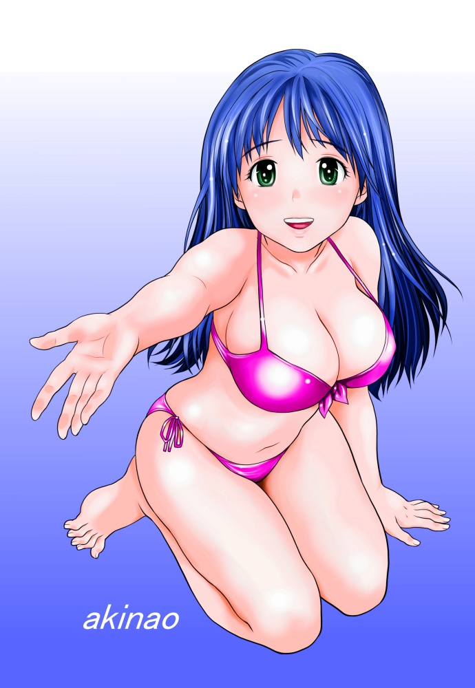 1girl, akinao_(atori), barefoot, bikini, blue_hair, breasts, cleavage, female_focus