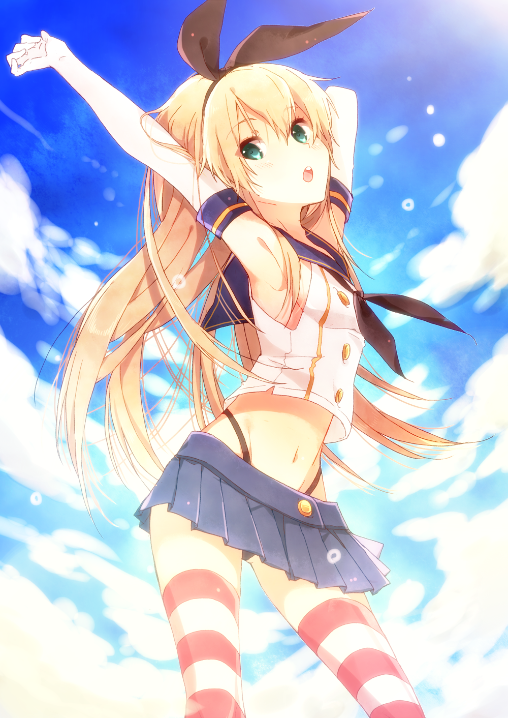 10s, 1girl, :o, arm_up, armpits, bad_id, bad_pixiv_id, blonde_hair