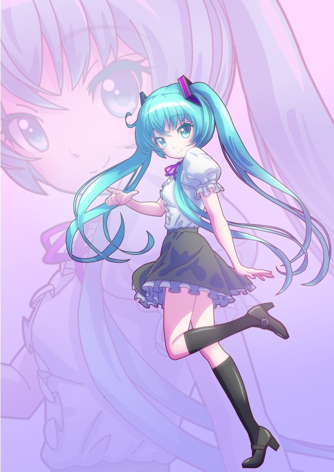 1girl, aqua_eyes, aqua_hair, female_focus, hatsune_miku, high_heels, kneehighs, koishi