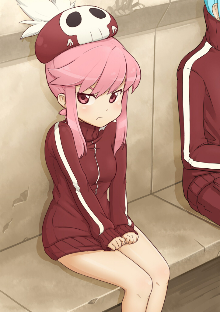 10s, 1girl, :t, blue_hair, blush, covering_privates, covering_crotch, futaba_no_taiko, hat, inumuta_houka, jacket, jakuzure_nonon, kill_la_kill, looking_at_viewer, pink_eyes, pink_hair, pout, short_hair, sidelocks, sitting, tooru0908, track_jacket, track_suit, v_arms