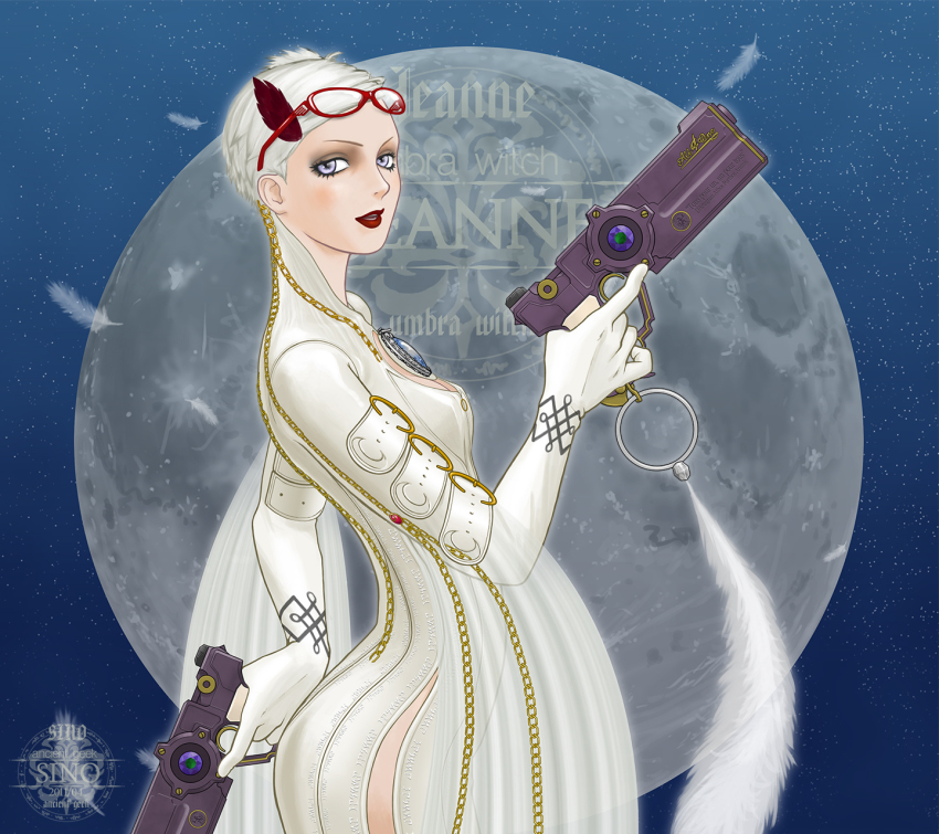 1girl, ass, bayonetta_(series), blue_eyes, bodysuit, breasts, dual_wielding, eyewear_on_head