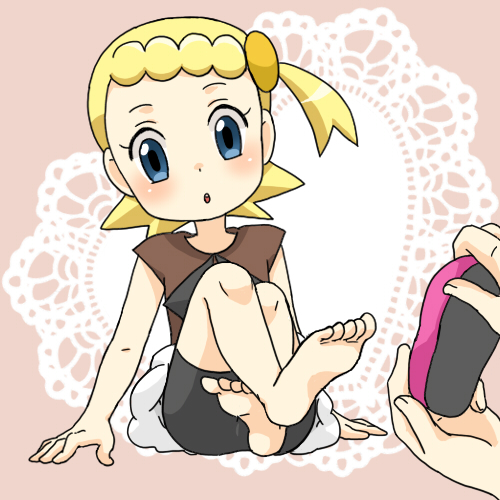 10s, 1girl, barefoot, blonde_hair, blue_eyes, bonnie_(pokemon), child, feet, female_focus, kurumi_(forte), legs, lowres, nintendo, open_mouth, pokemon, pokemon_(anime), pokemon_x_and_y, shoes, soles, solo, toes