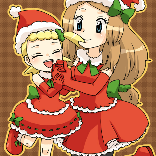 10s, 2girls, blonde_hair, blue_eyes, bonnie_(pokemon), bow, brown_hair, christmas