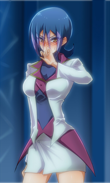 1girl, blush, covering_own_mouth, droite_(yu-gi-oh!), eyeshadow, female_focus, makeup, miniskirt