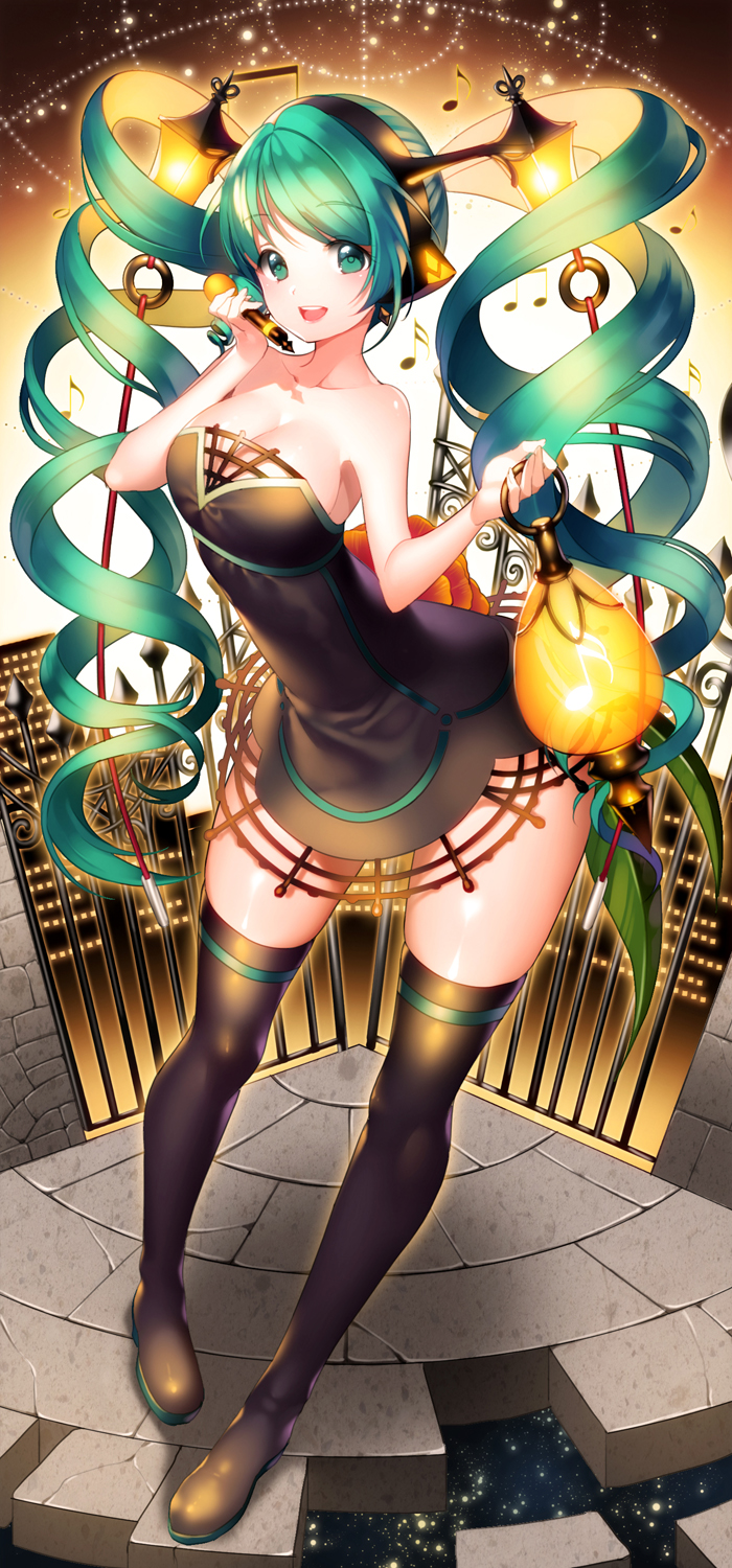 1girl, aile_(crossroads), beamed_quavers, boots, breasts, cleavage, dress, drill_hair, female_focus, gate, green_eyes, green_hair, hatsune_miku, highres, lamp_miku, lantern, large_breasts, long_hair, matching_hair/eyes, musical_note, pigeon-toed, quaver, solo, strapless, strapless_dress, thigh_boots, thighhighs, twintails, very_long_hair, vocaloid
