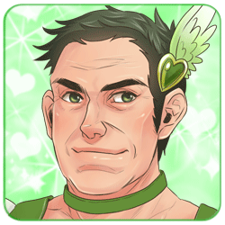 1boy, black_hair, bohe, choker, crossdressing, crossdressing_(mtf), global_eigyou-buchou, green_background, green_eyes, green_hair, green_theme, hair_ornament, heart, icon_(computing), katada_naosuke, lips, lowres, magical_girl, mahou_chuunen_ojimajo_5, male_focus, matching_hair/eyes, portrait, smile, solo